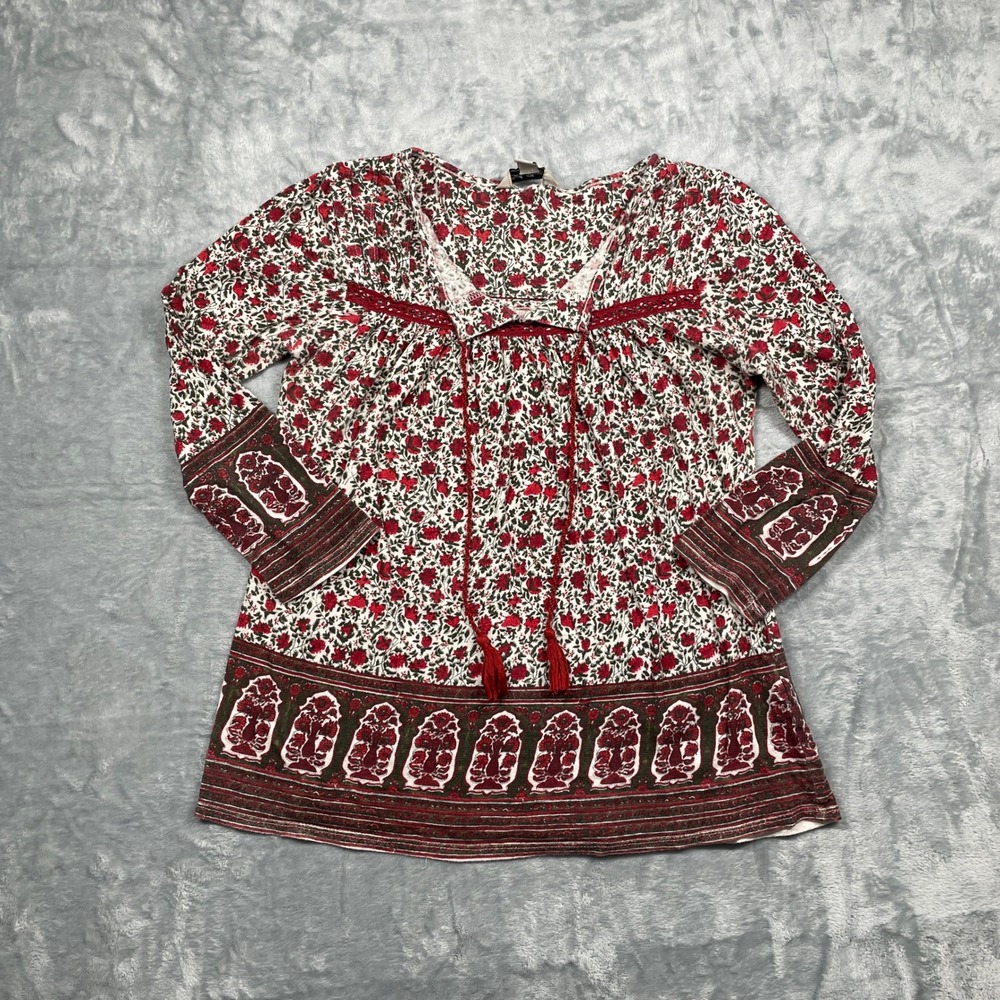 Lucky Brand Peasant Top Womens Red Floral Boho Linen Blend Tassel Split Neck XS‎